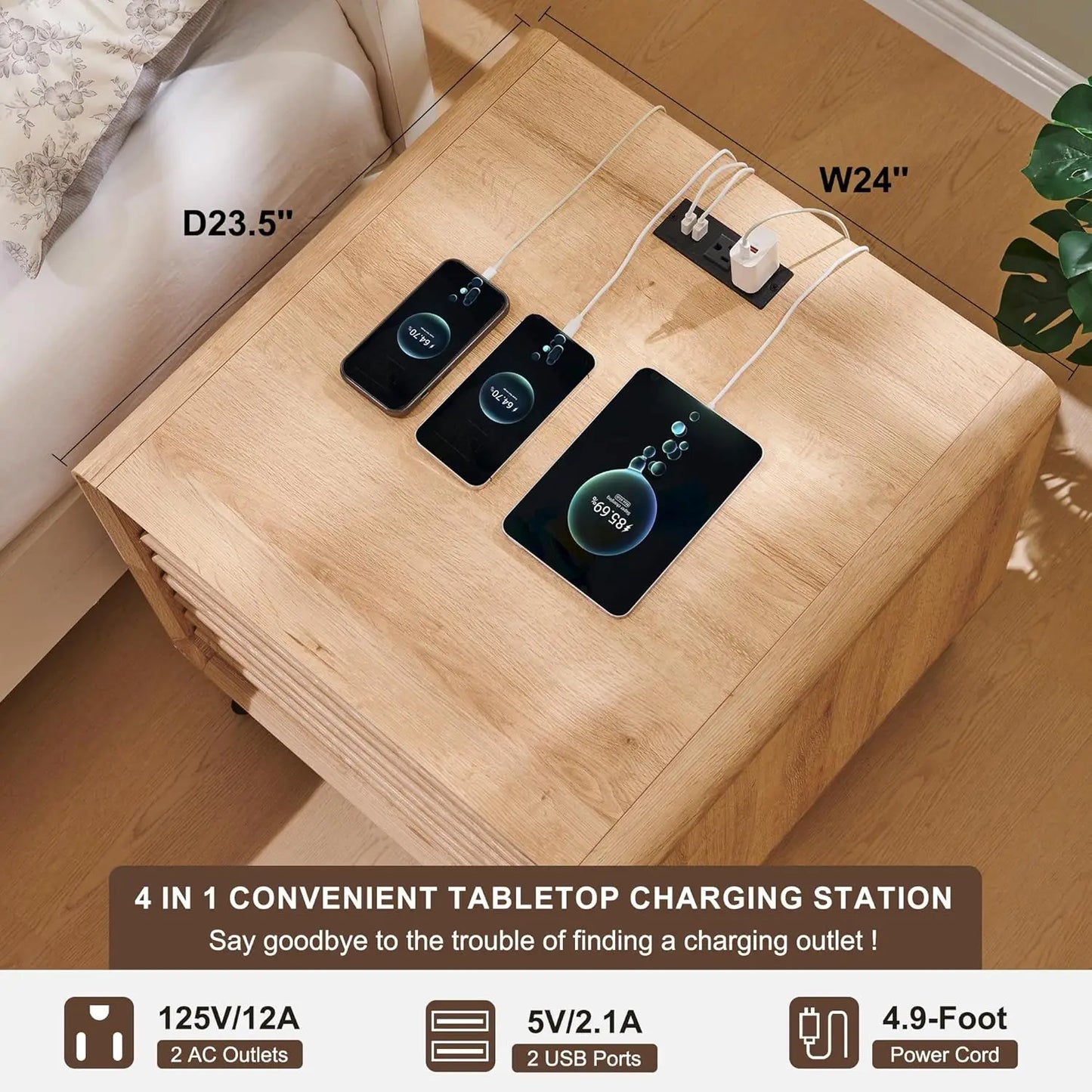 Nightstand Set Of 2 With Charger Station Mid Century Modern