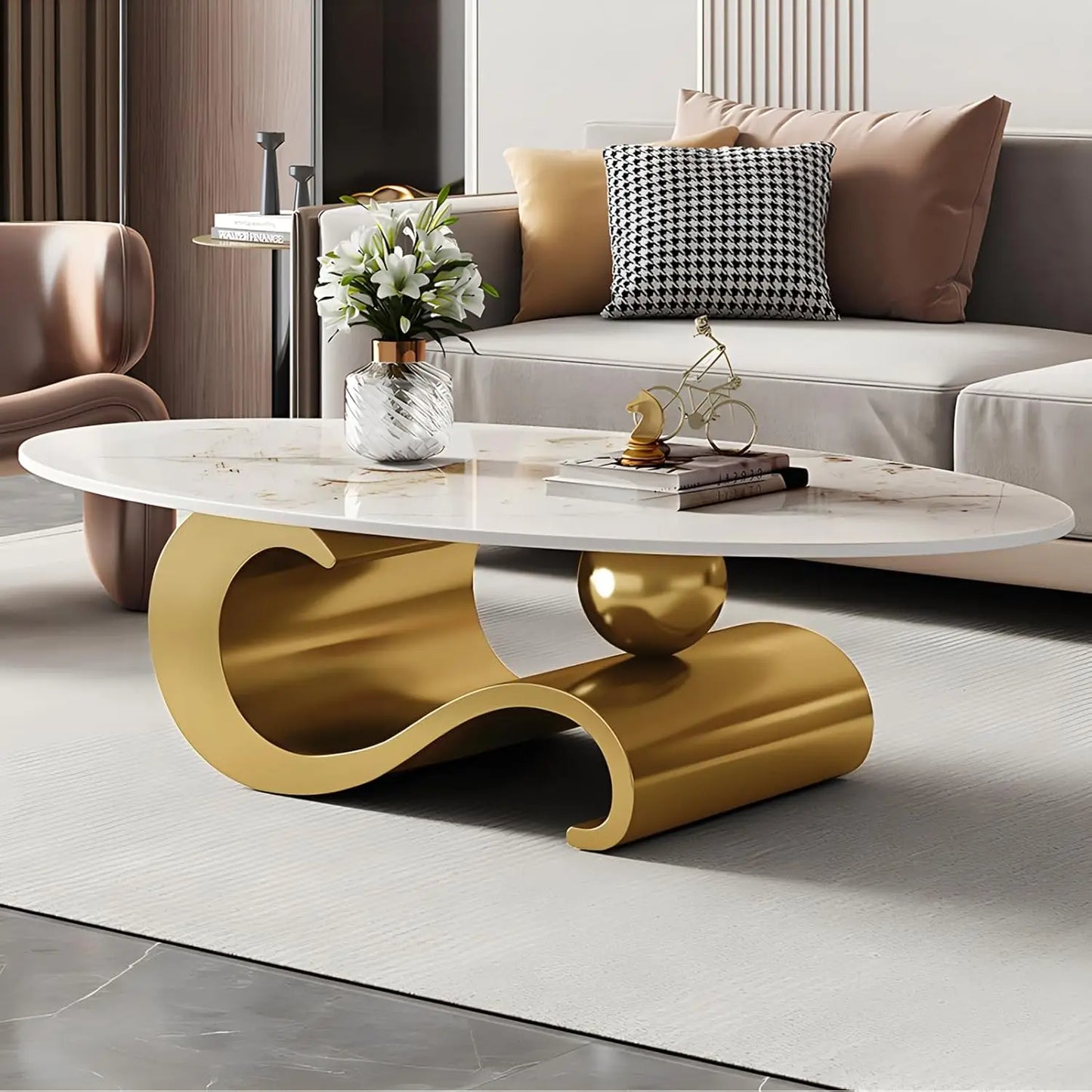 Modern Marble Oval Coffee Table with Gold Metal Base