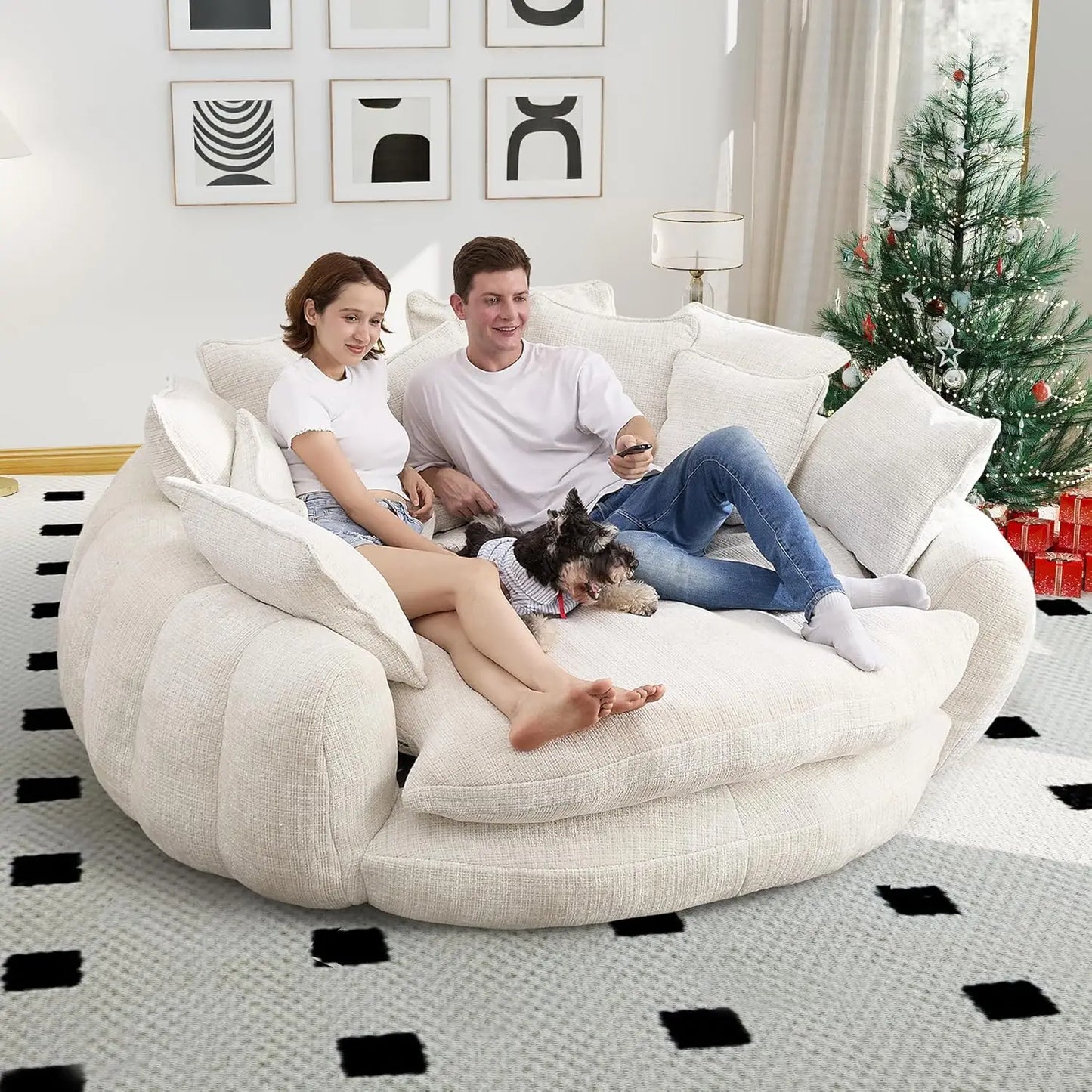 Round Chenille Chaise Lounge Couch With Backrest And Pillows