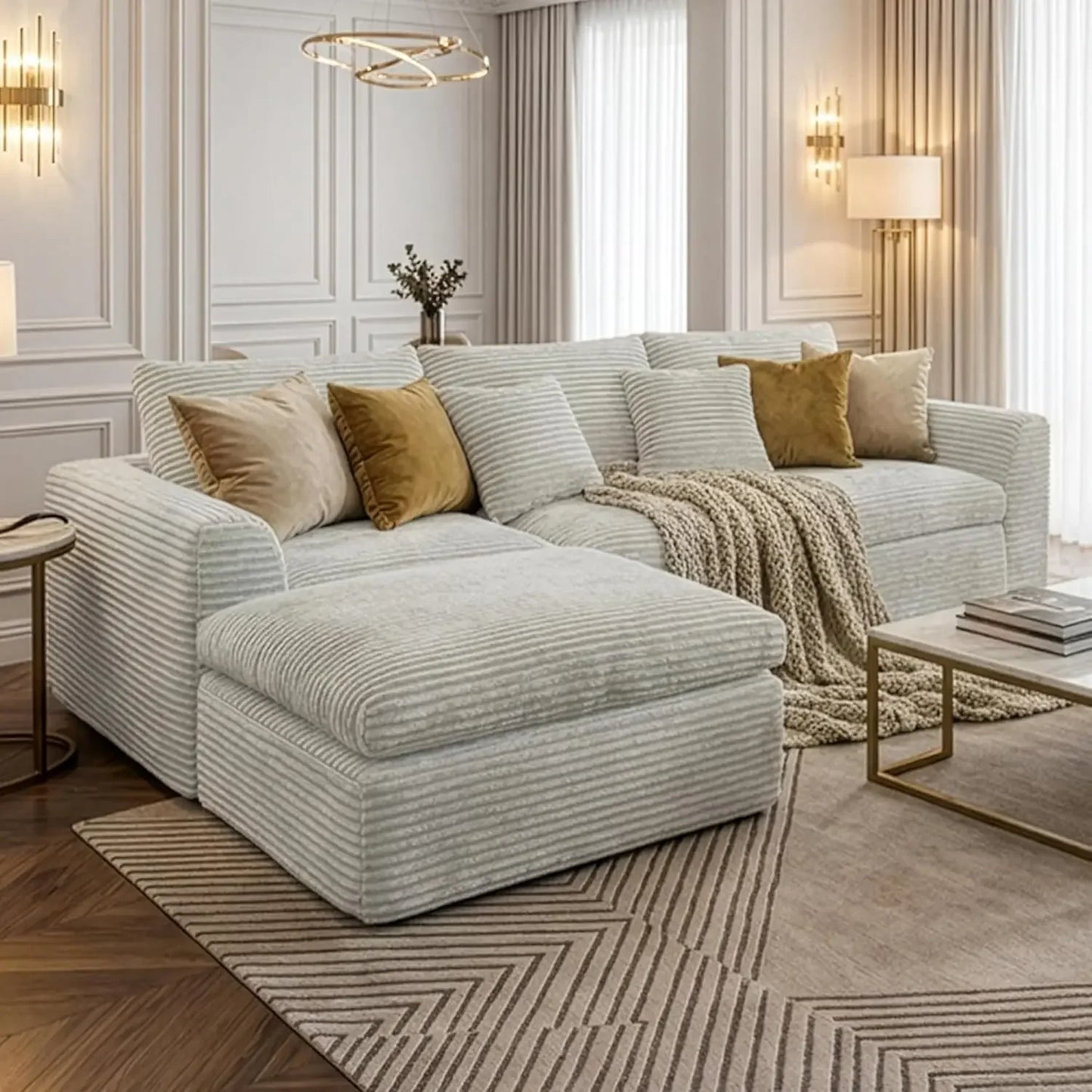 L Shaped Modular Corduroy Sectional Sofa For Deep Seating Comfort