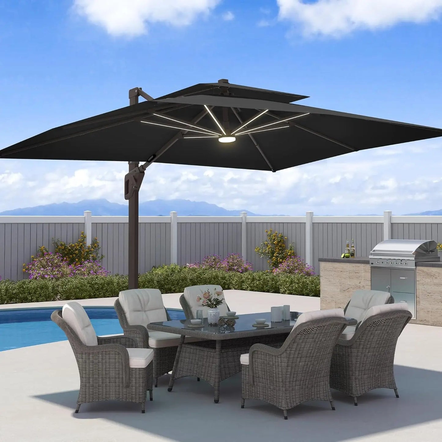 Aluminum Cantilever Patio Umbrella With LED Lights And Weighted Base