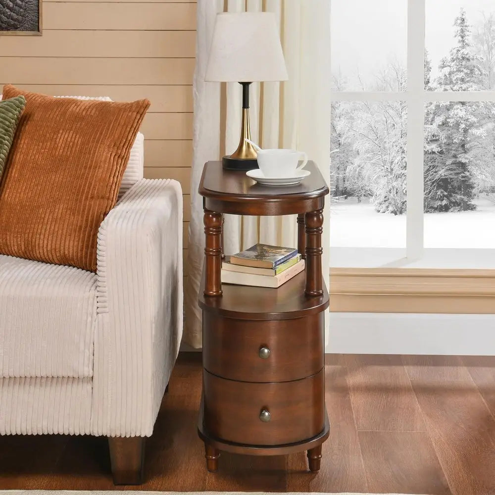 Solid Wood End Table With 2 Drawers Narrow Nightstand