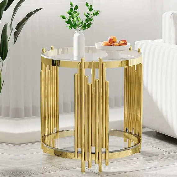 Round Glass End Table Stainless Steel Irregular Leg Living Room