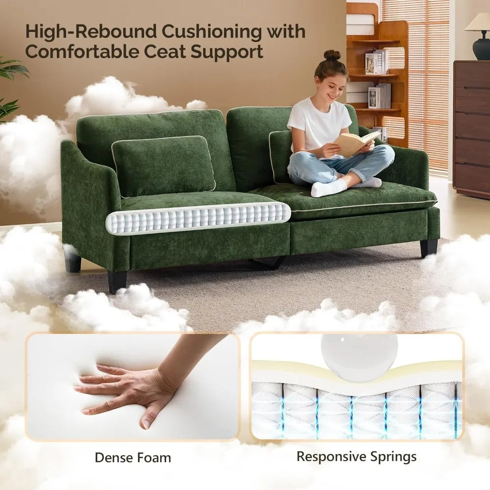 Modern Linen Velvet Sofa With Piped Cushions Removable Cover
