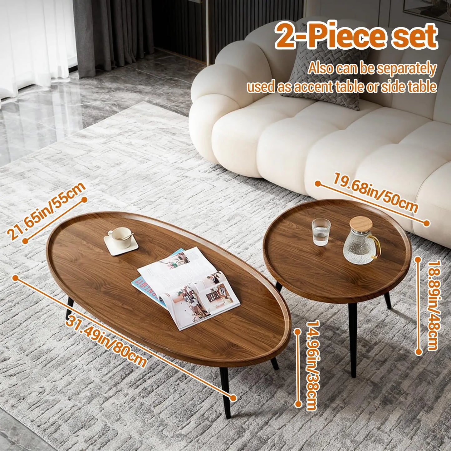 HiMISS Nesting Coffee Tables Set Walnut Mid Century Modern