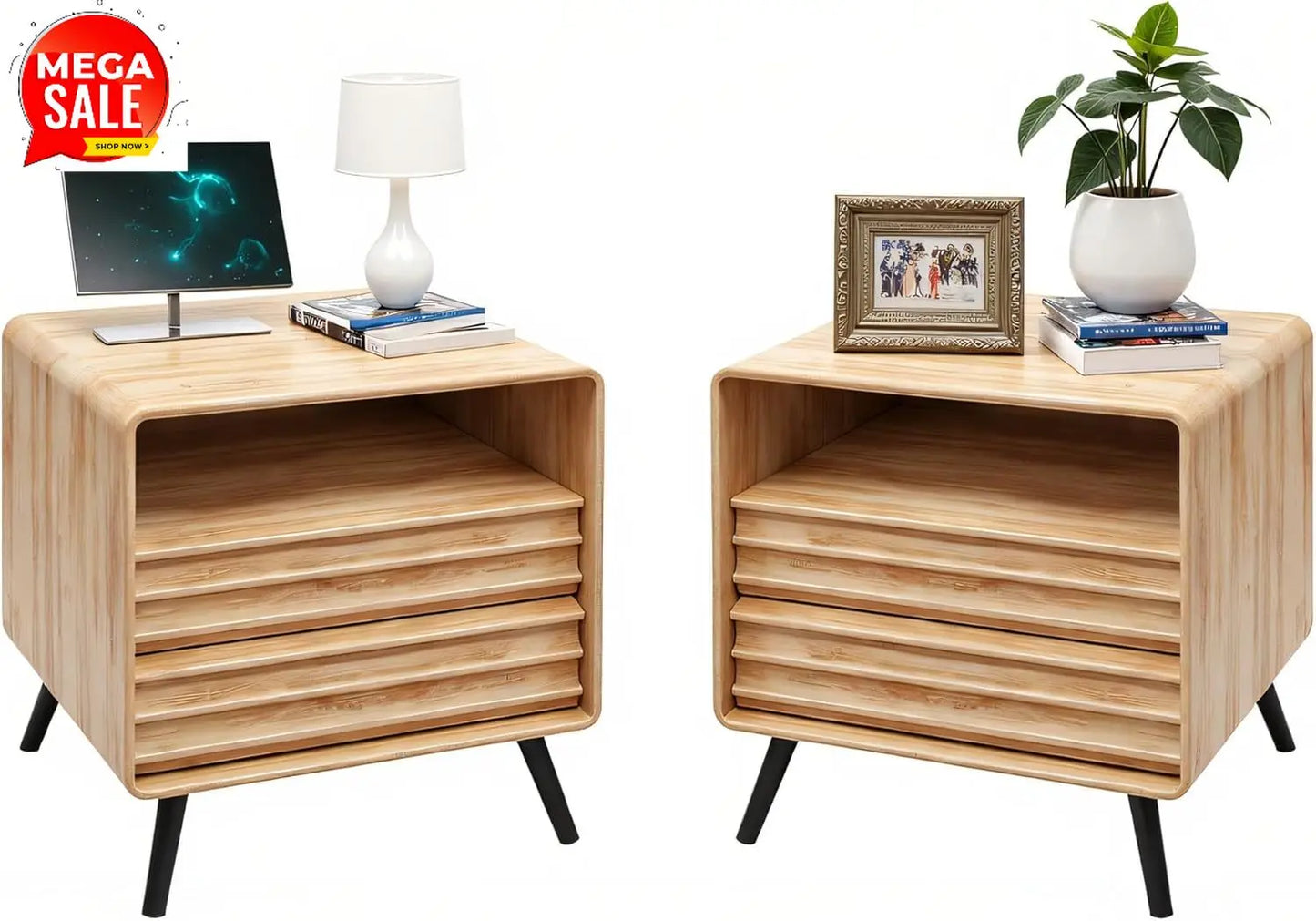 Mid Century Modern Fluted Nightstand Pair With Charger Station