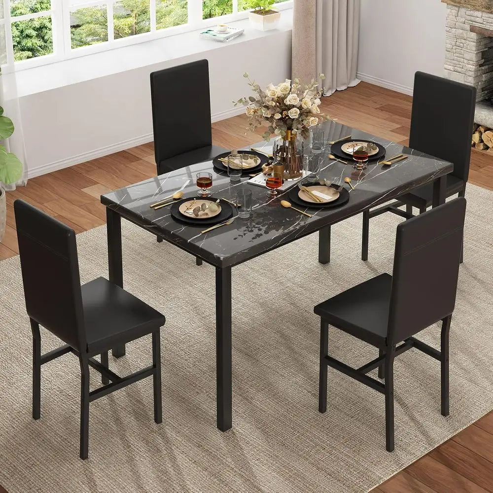XMSJ Marble Dining Set With Four PU Leather Chairs