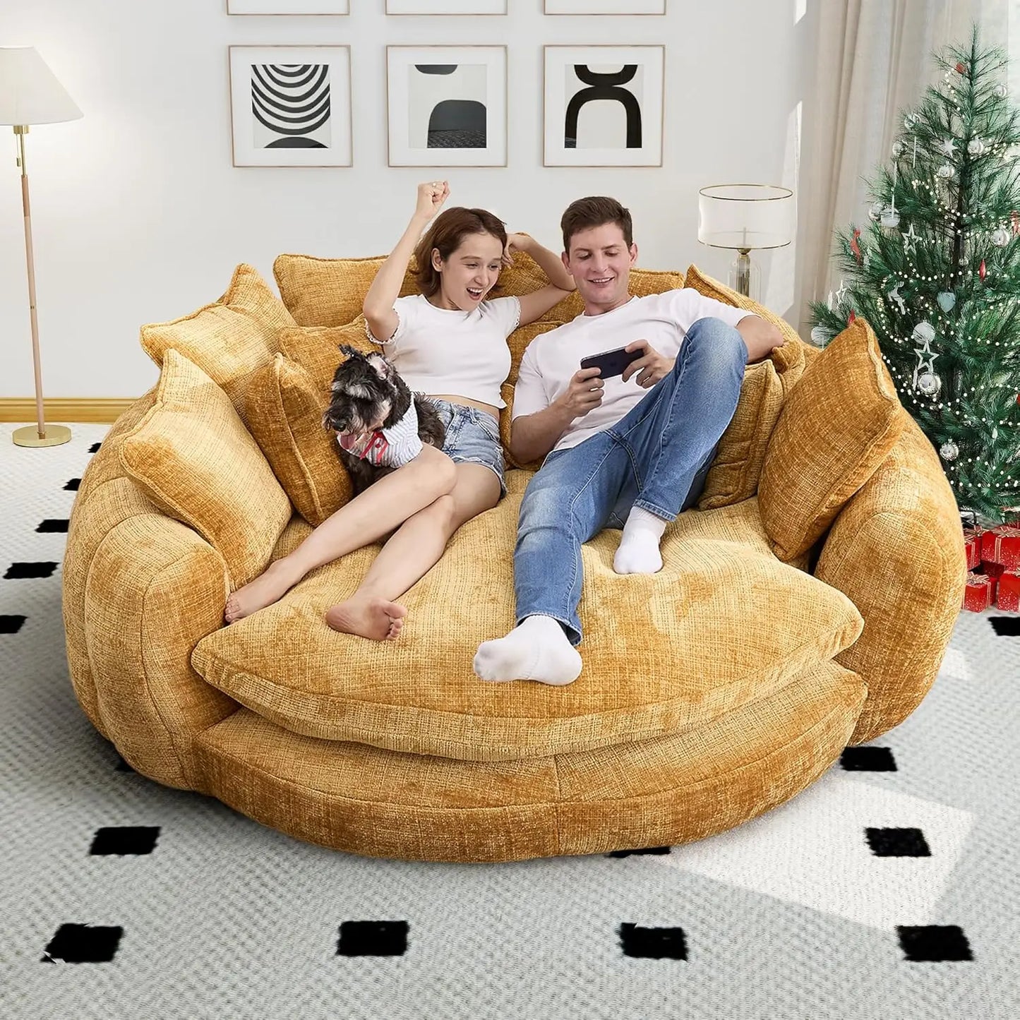 Round Chenille Chaise Lounge Couch With Backrest And Pillows