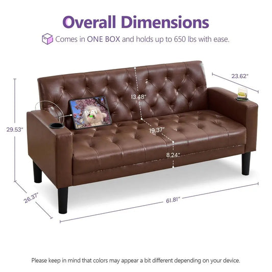 Leather Loveseat With USB Ports And Cupholders Mid Century Modern