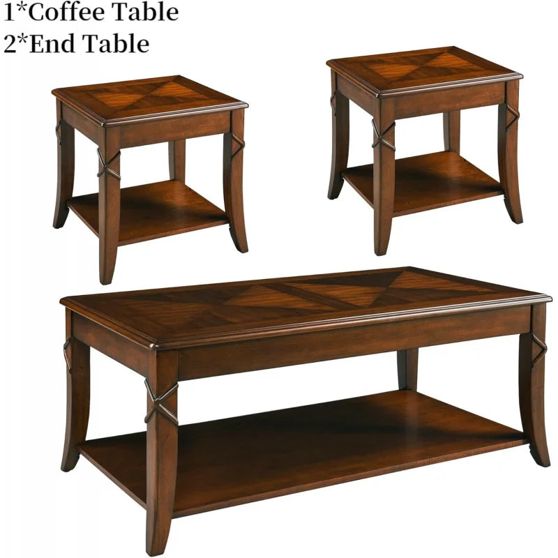 Solid Wood 3-Piece Living Room Set With Coffee Table