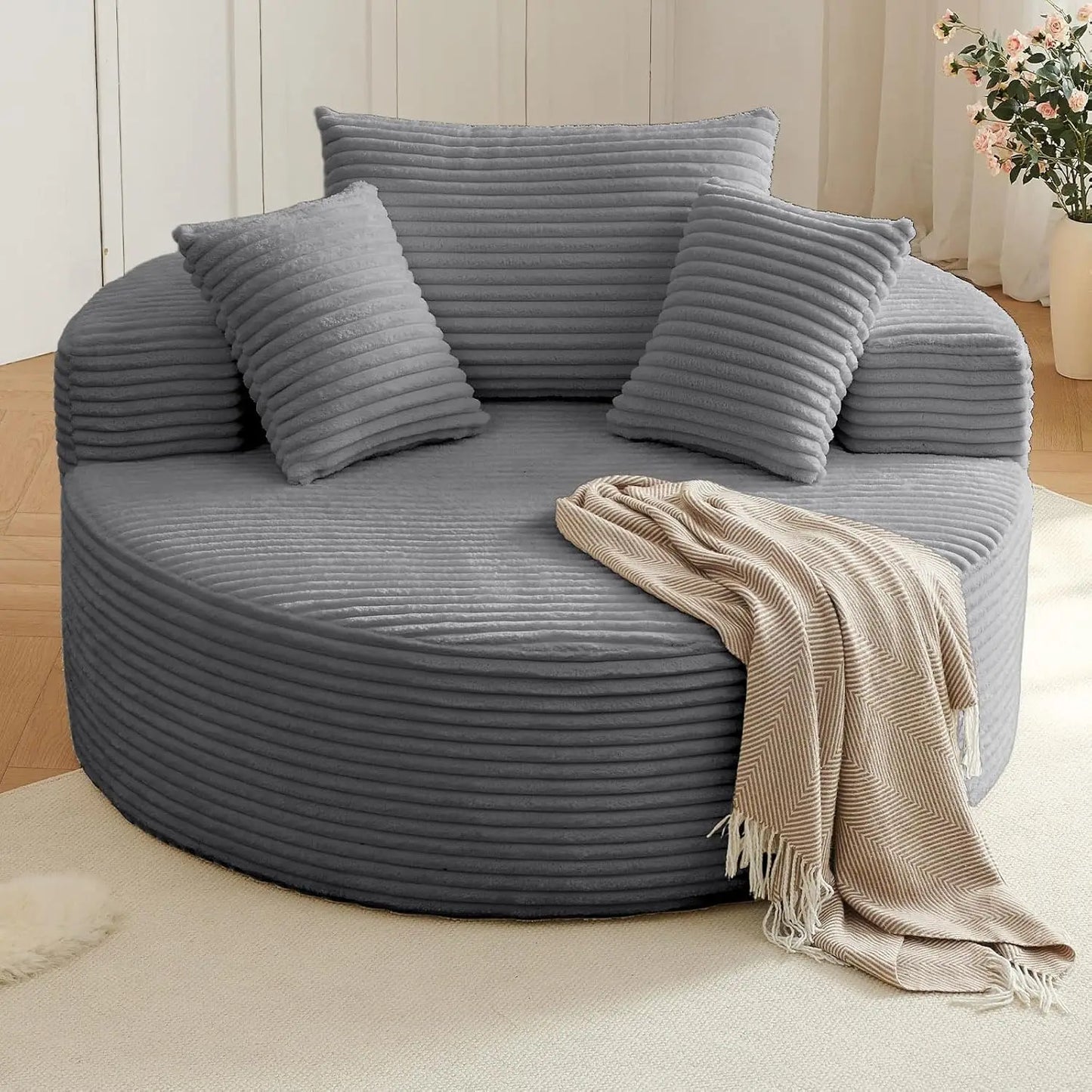 Round Corduroy Upholstered Lounge Chair With Deep Seat Sofa