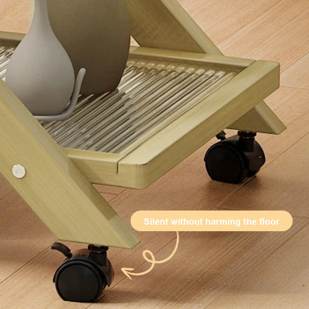 Three-Tier End Table With Wheels Rolling Cart For Living Room