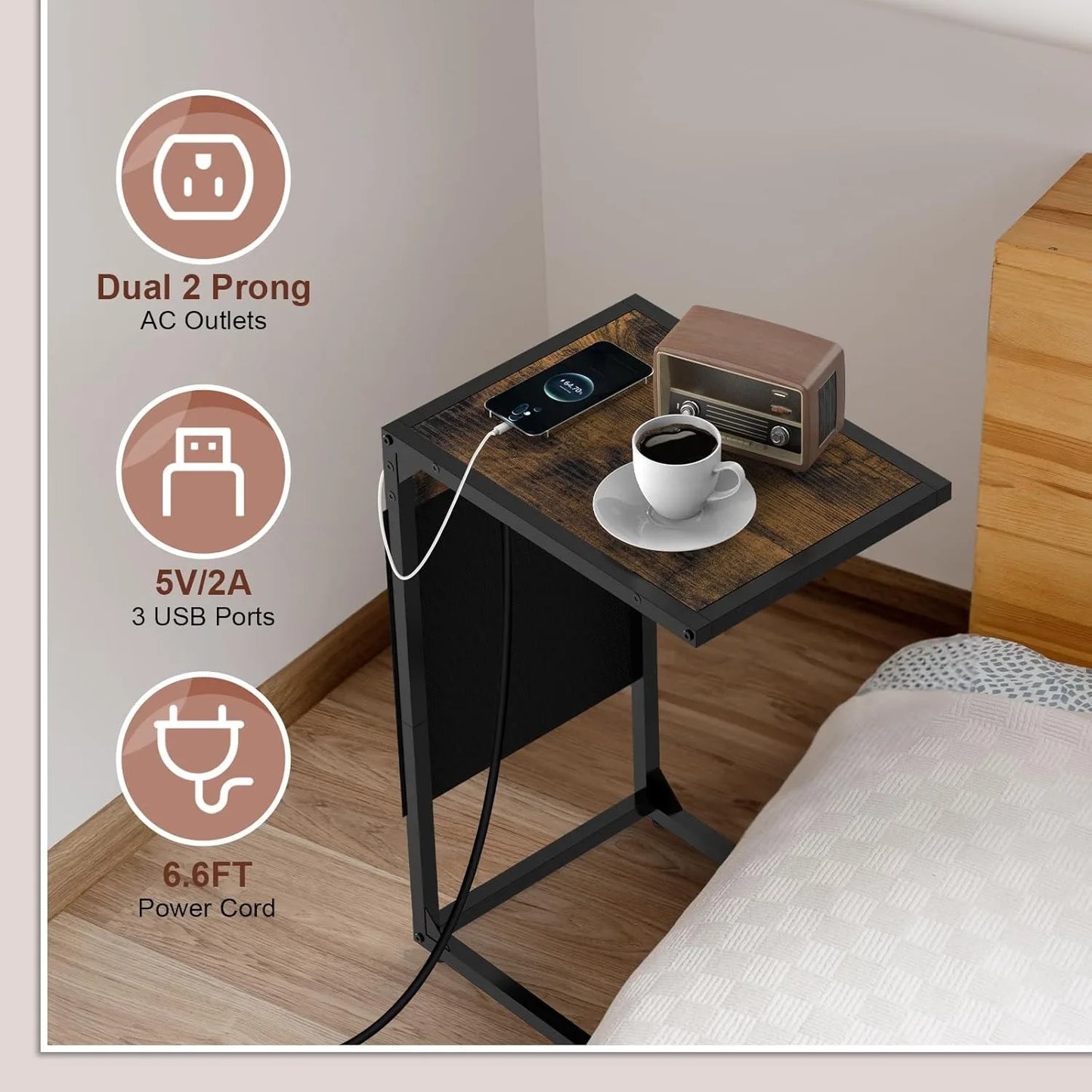 C Shaped End Table With USB Charging And Metal Frame