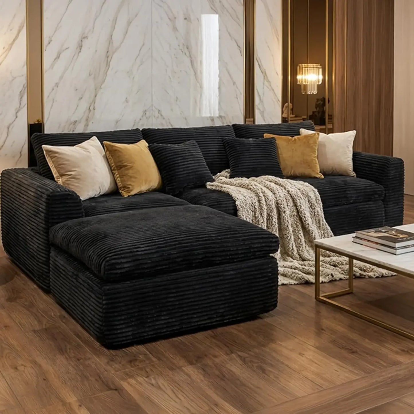 L Shaped Modular Corduroy Sectional Sofa For Deep Seating Comfort