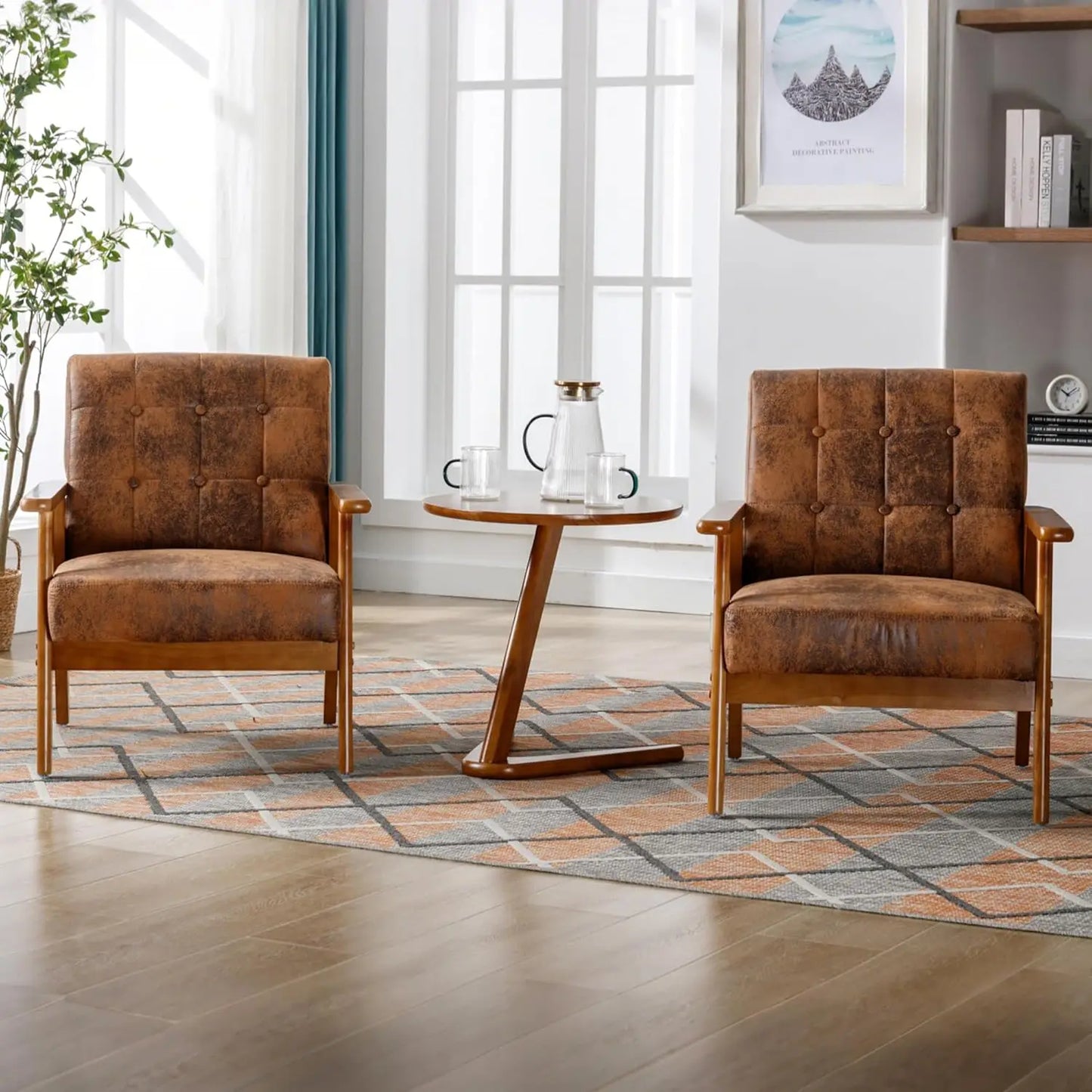 PU Leather Accent Chair Set Of 2 Mid Century Modern