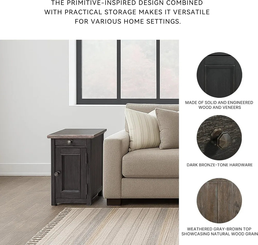 Rustic Chair Side End Table With Pull Out USB Ports