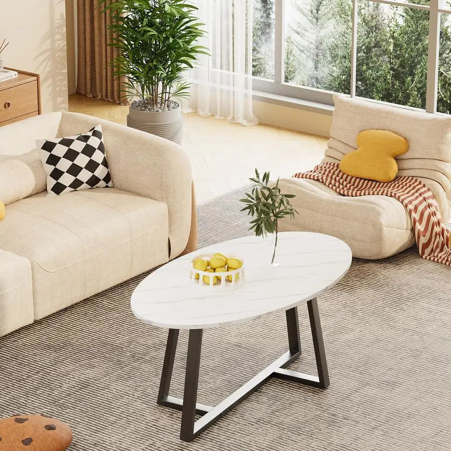 Oval Wood End Table With Faux Marble Top