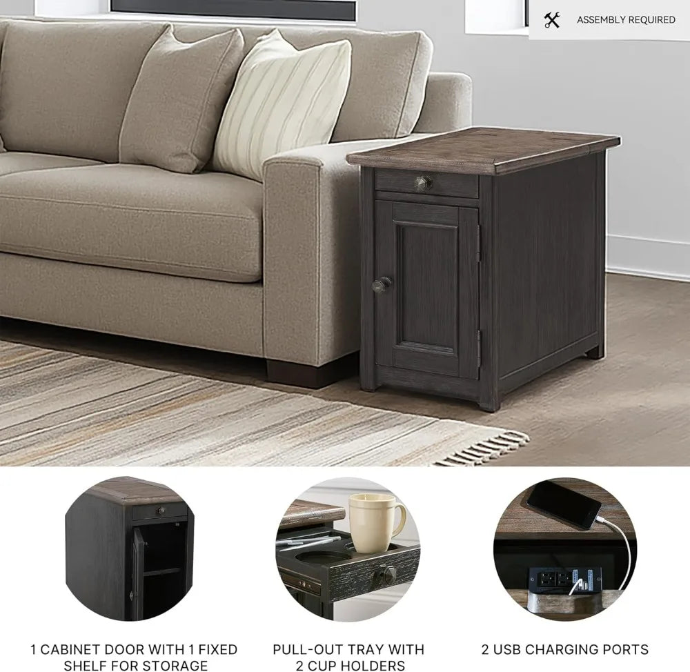 Rustic Chair Side End Table With Pull Out USB Ports