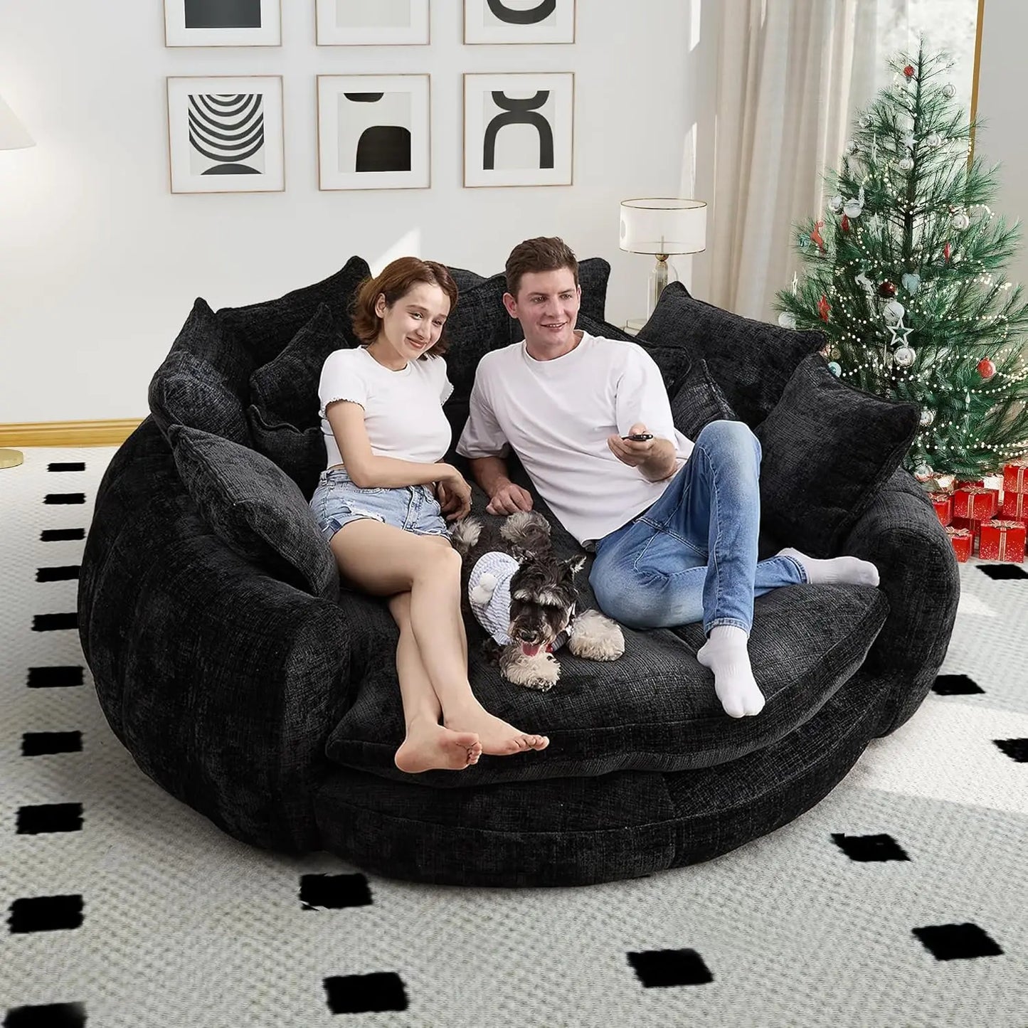 Round Chenille Chaise Lounge Couch With Backrest And Pillows