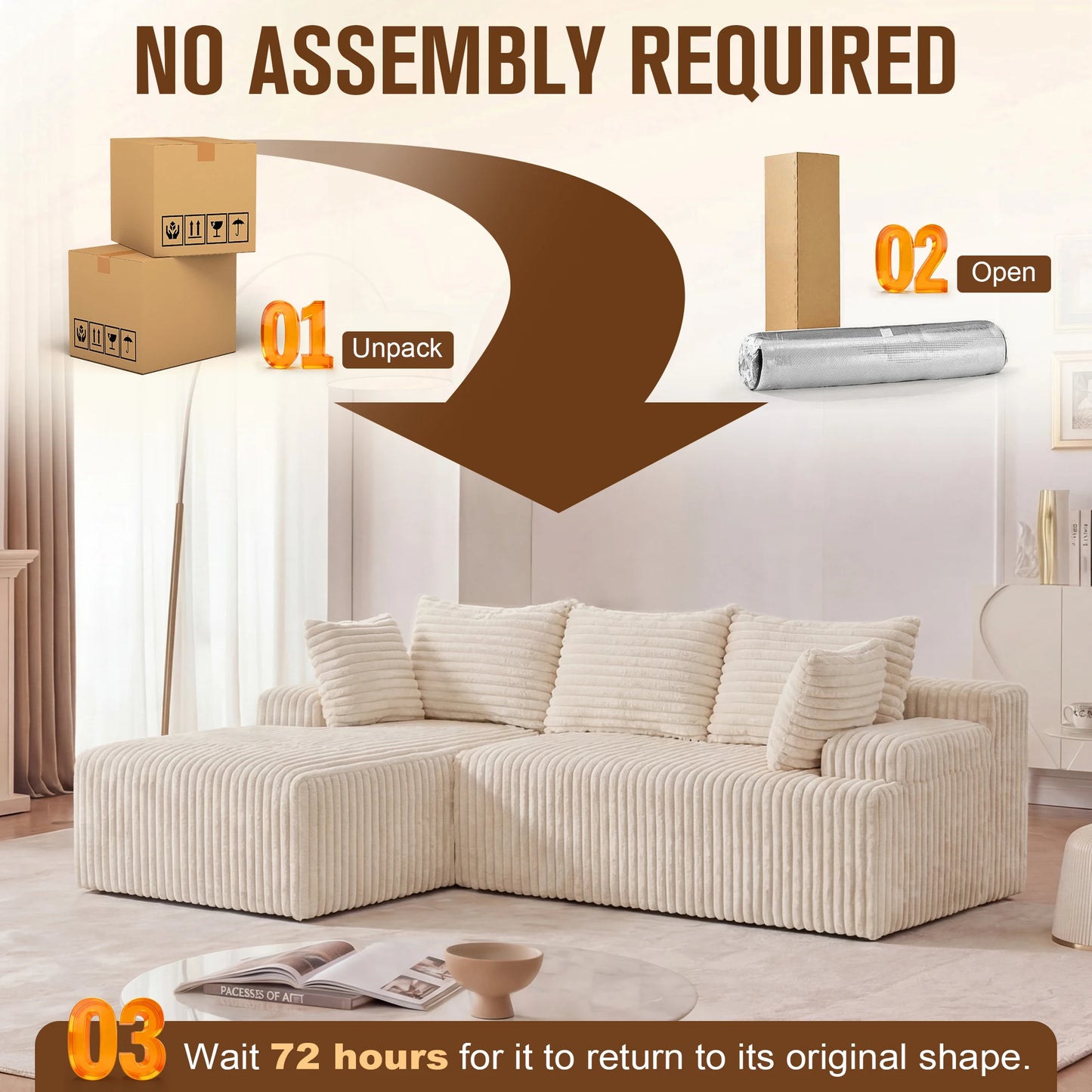 Redlife L-Shape Corduroy Sectional Sofa Cloud-Like Couch
