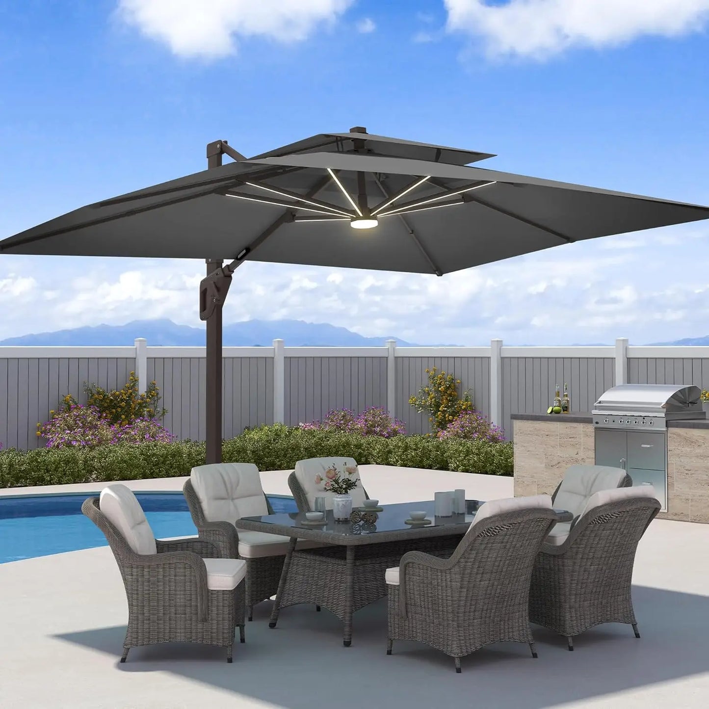 Aluminum Cantilever Patio Umbrella With LED Lights And Weighted Base