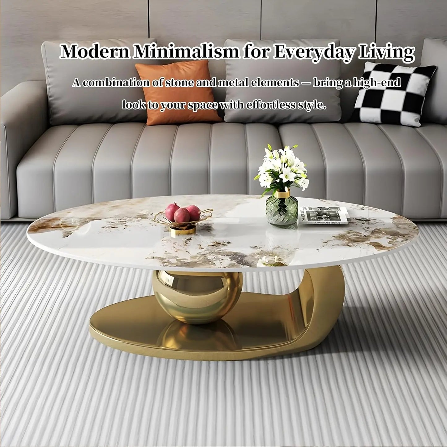 Modern Marble Oval Coffee Table with Gold Metal Base