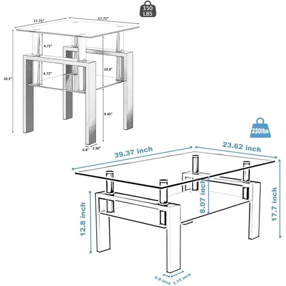 Living Room Tempered Glass Coffee Table And End Tables Set