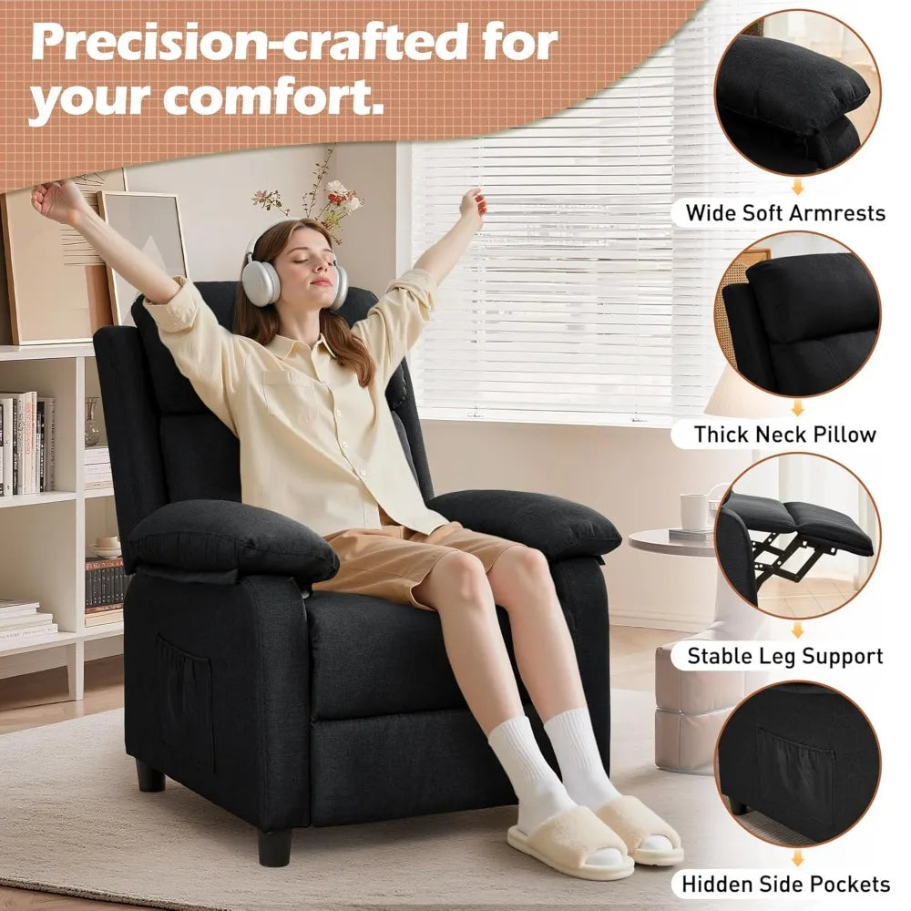 Padded Deep Seat Recliner With Side Pockets Living Room