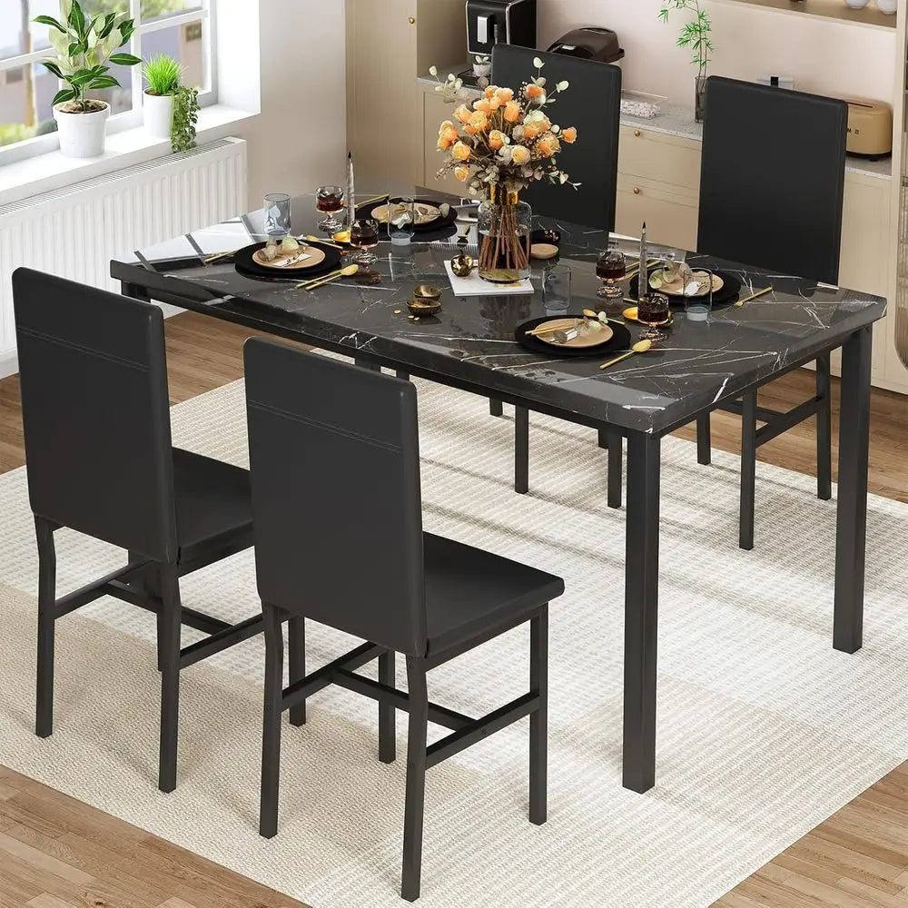 XMSJ Marble Dining Set With Four PU Leather Chairs