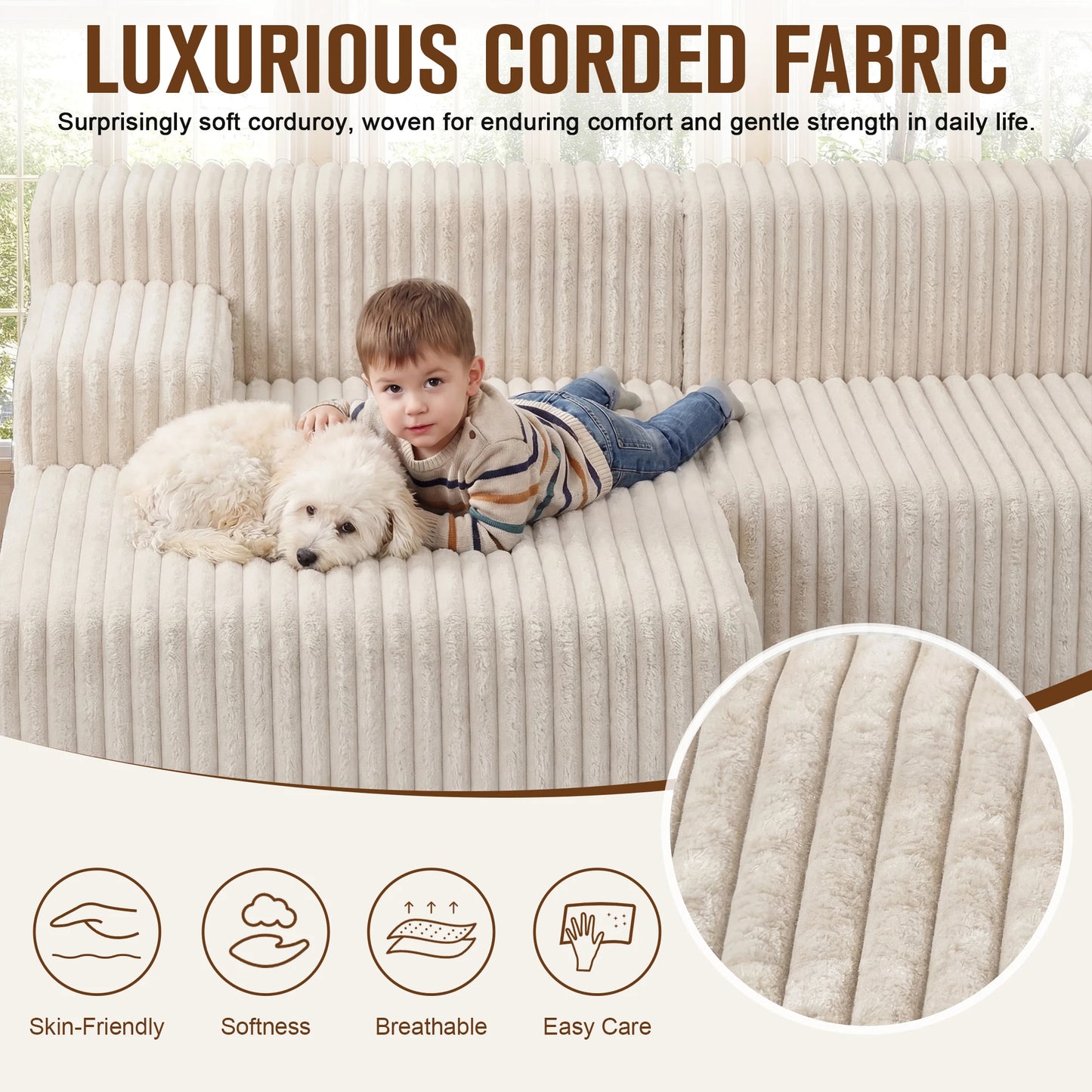 Redlife L-Shape Corduroy Sectional Sofa Cloud-Like Couch