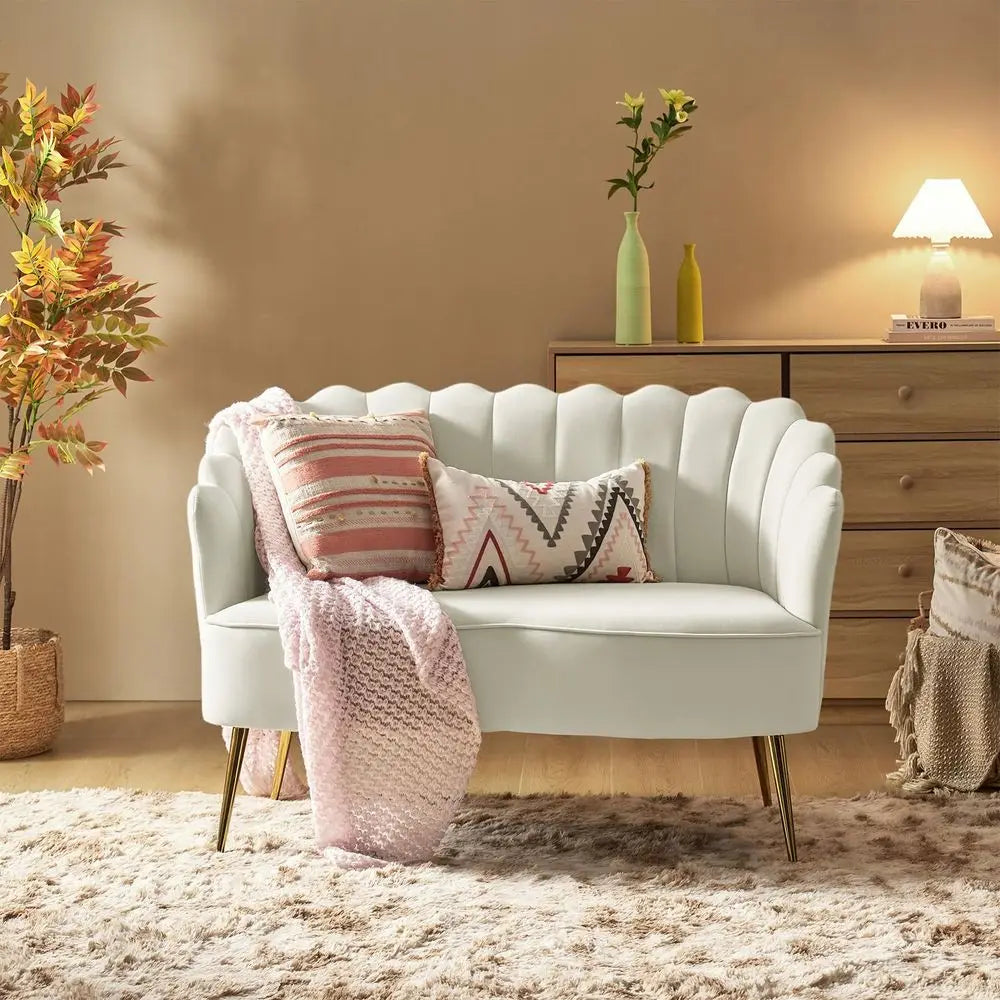 Modern Velvet Loveseat Sofa With Flower Back And Metal Legs