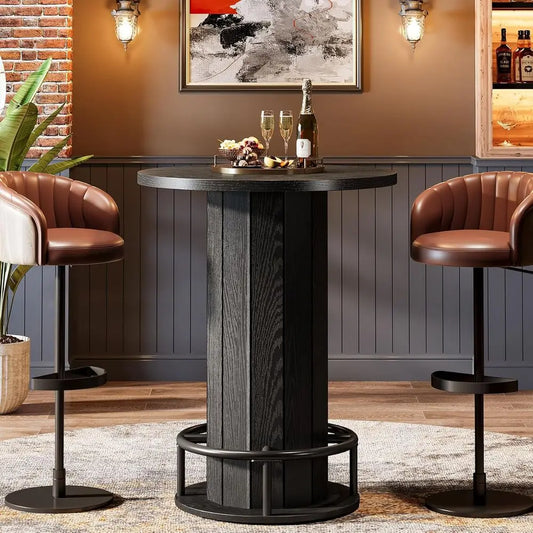 LISM Round Wood Bar Table With Metal Ring Footrest