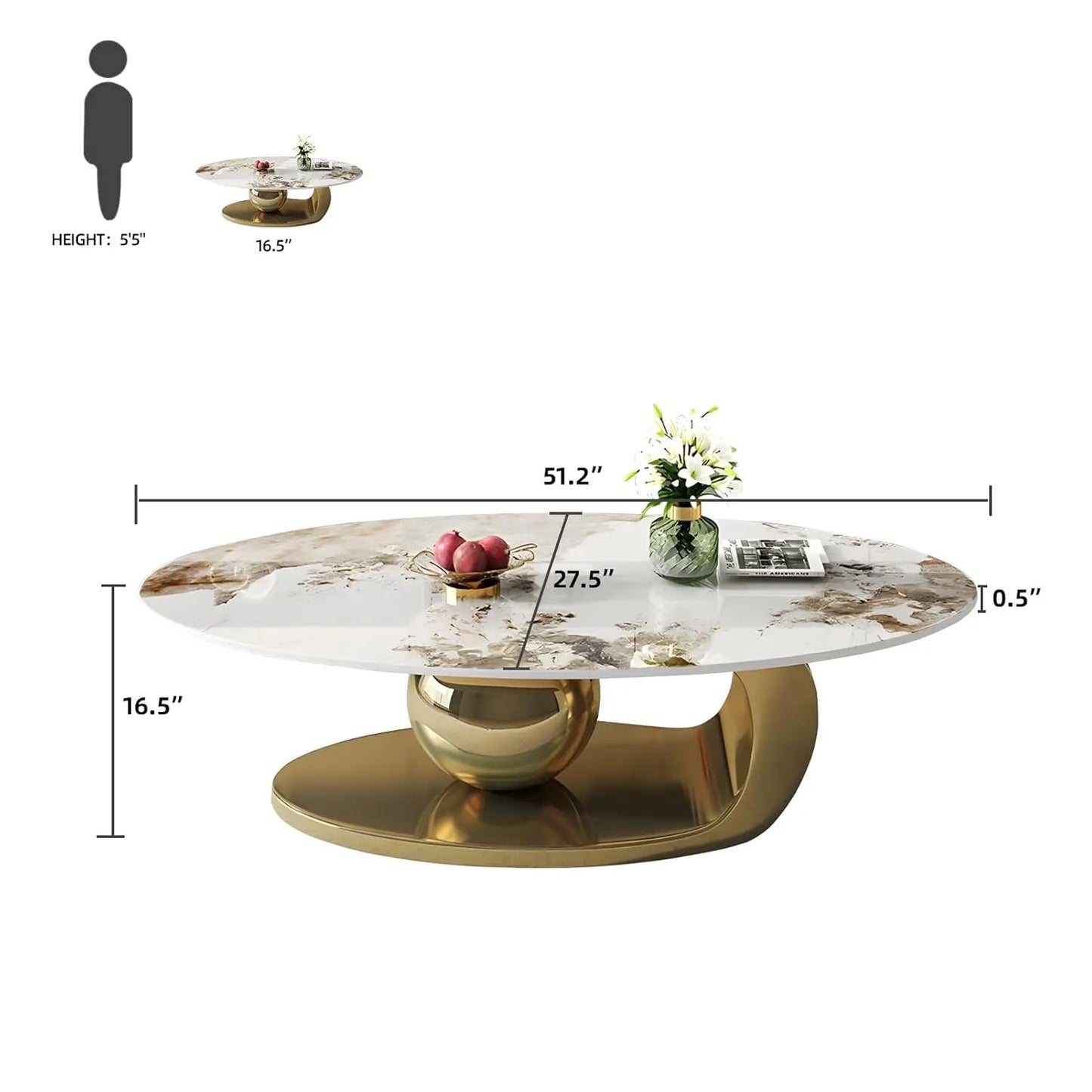 Modern Marble Oval Coffee Table with Gold Metal Base