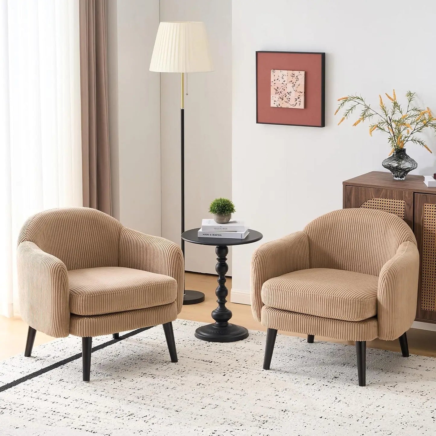 Barrel Accent Chair Set Armrest Track Wood Legs Upholstered Corduroy