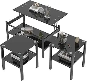 3-Piece Glass Coffee Table Set With End Tables Modern Metal