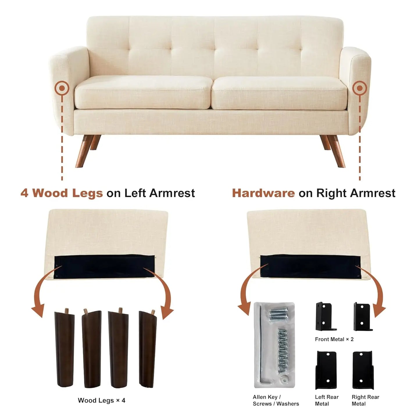 Mid Century Modern Button Tufted Upholstered Loveseat
