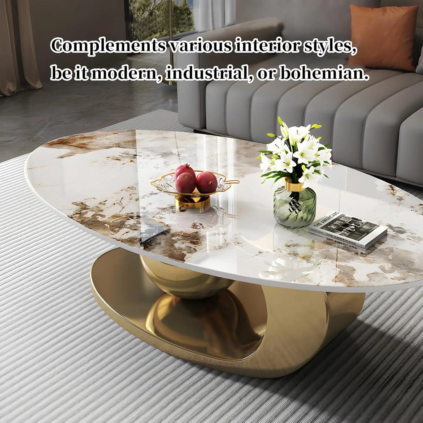 Modern Marble Oval Coffee Table with Gold Metal Base