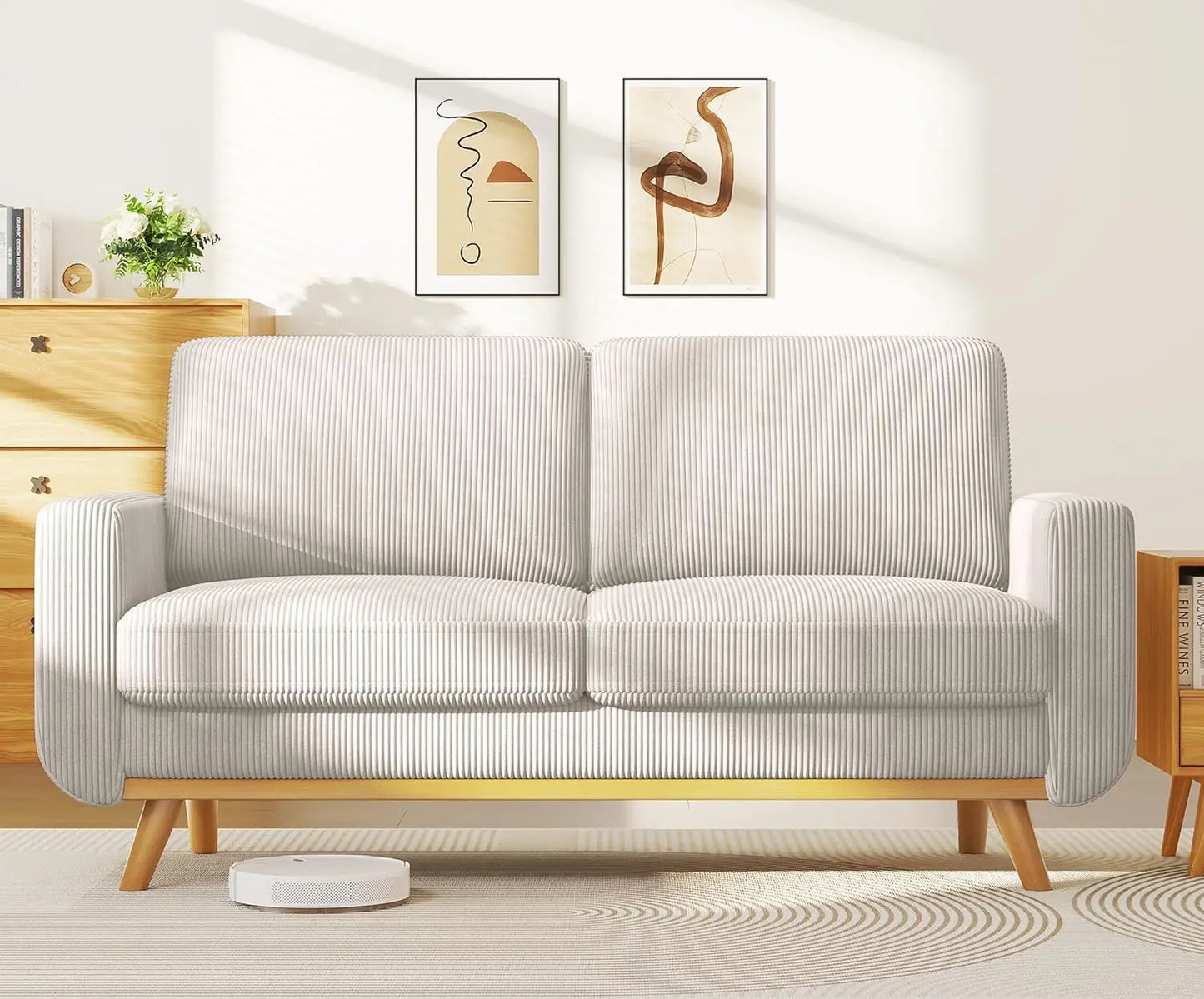 HUANZHUANG Corduroy Loveseat Sofa With Spring Cushion Solid Wood Frame
