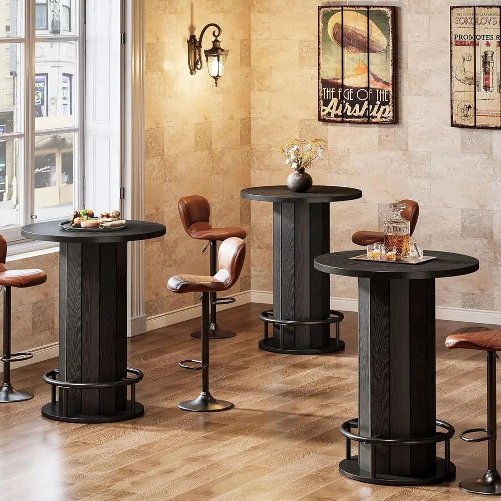LISM Round Wood Bar Table With Metal Ring Footrest