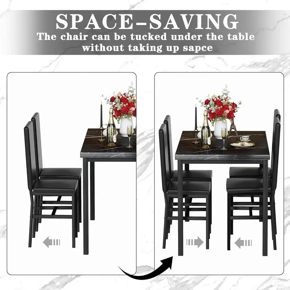 XMSJ Marble Dining Set With Four PU Leather Chairs