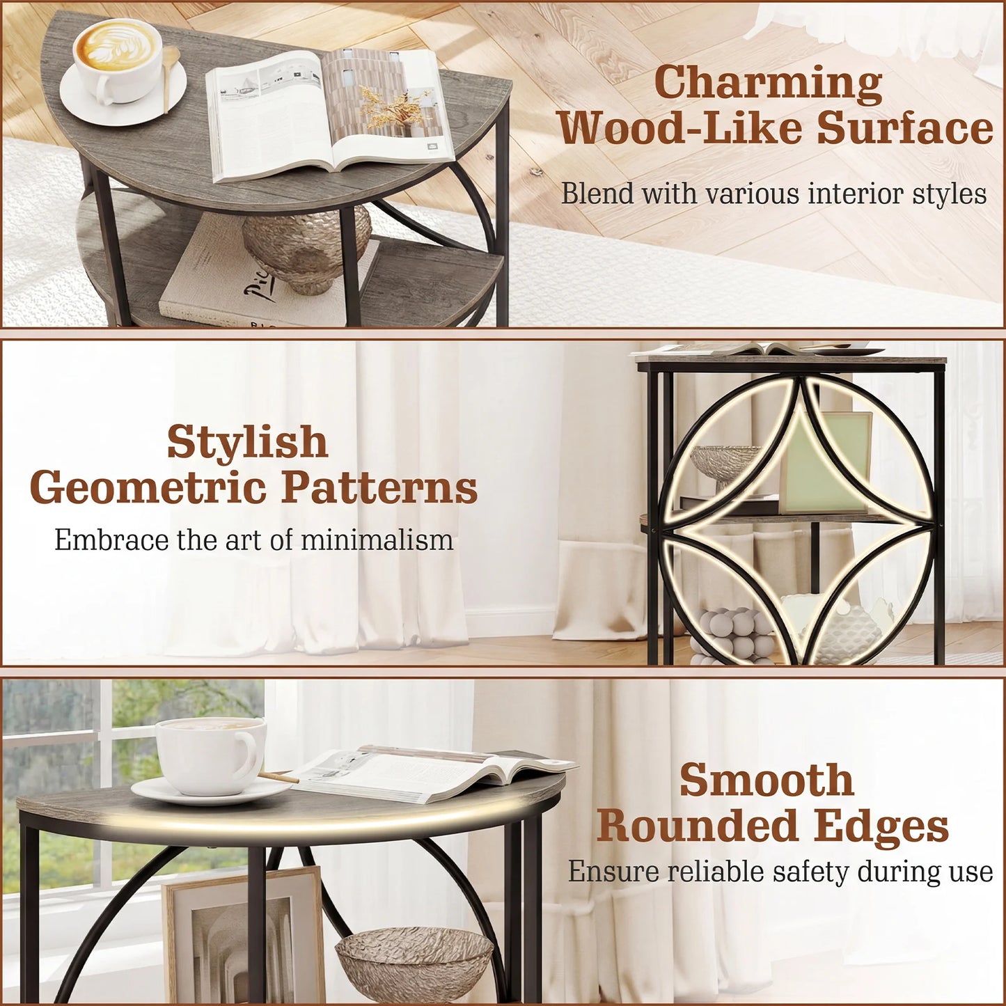 HOMASIS 3 Tier Half Round End Tables Set of 2
