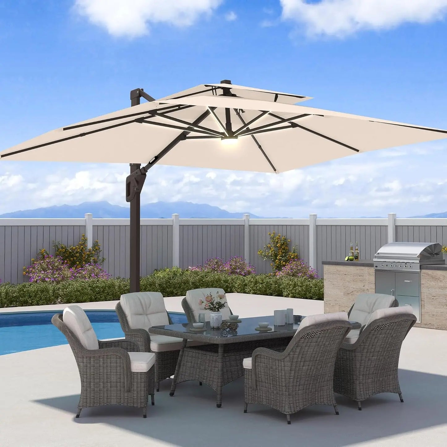 Aluminum Cantilever Patio Umbrella With LED Lights And Weighted Base