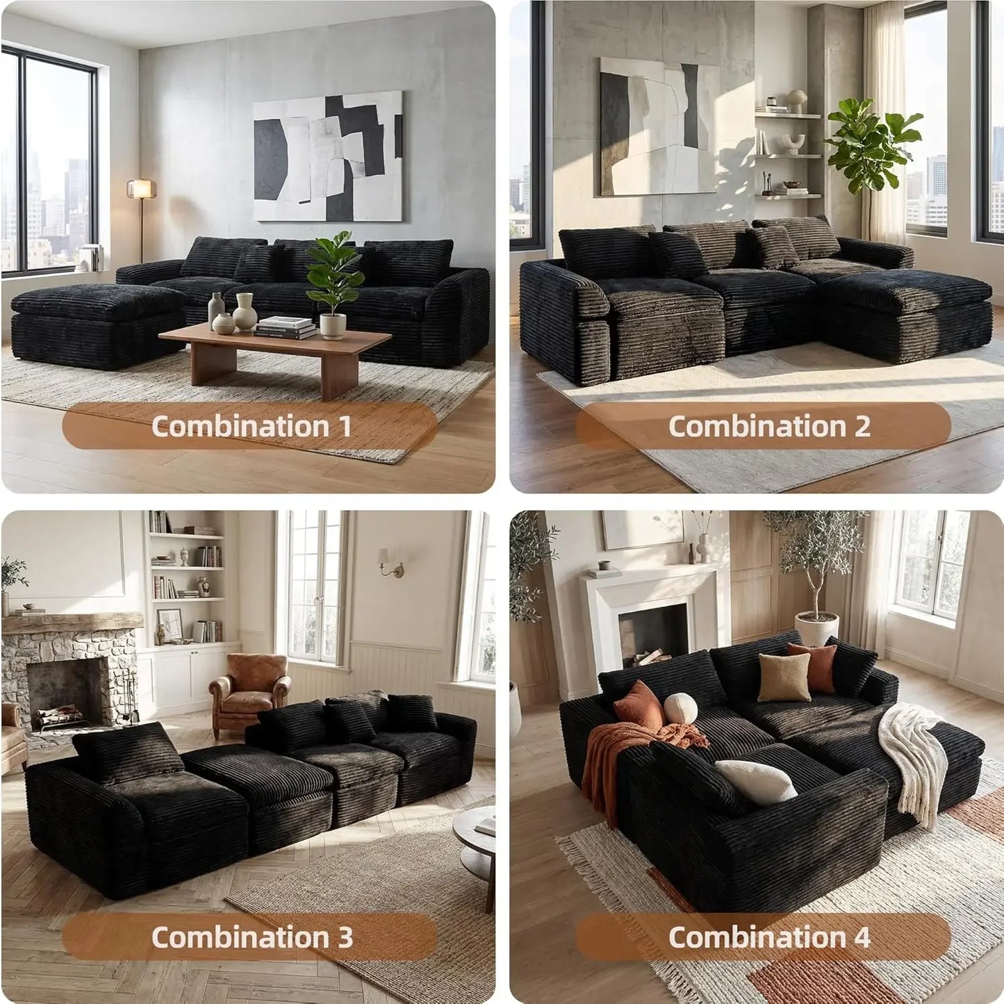 L Shaped Modular Corduroy Sectional Sofa For Deep Seating Comfort