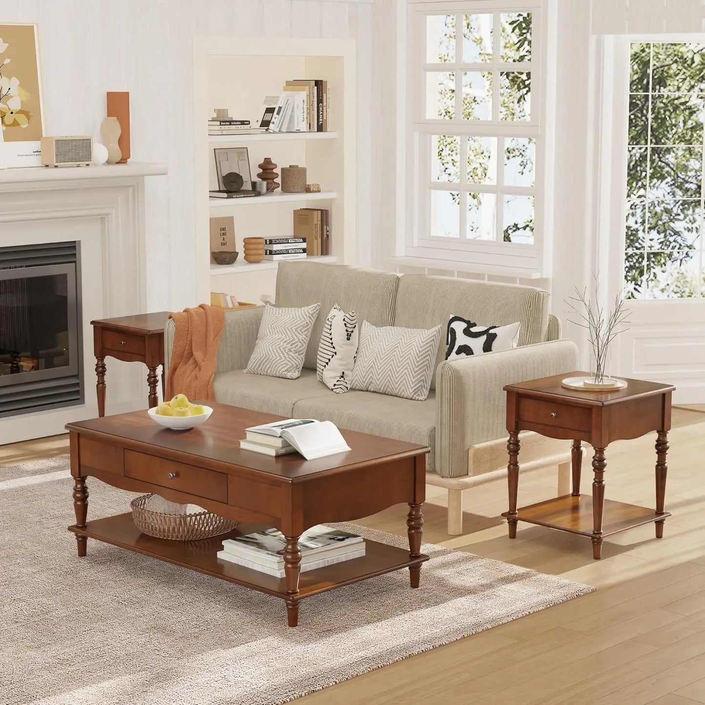 Solid Wood 3-Piece Living Room Set With Coffee Table