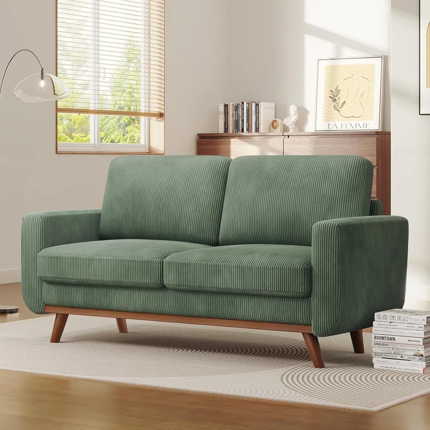 HUANZHUANG Corduroy Loveseat Sofa With Spring Cushion Solid Wood Frame