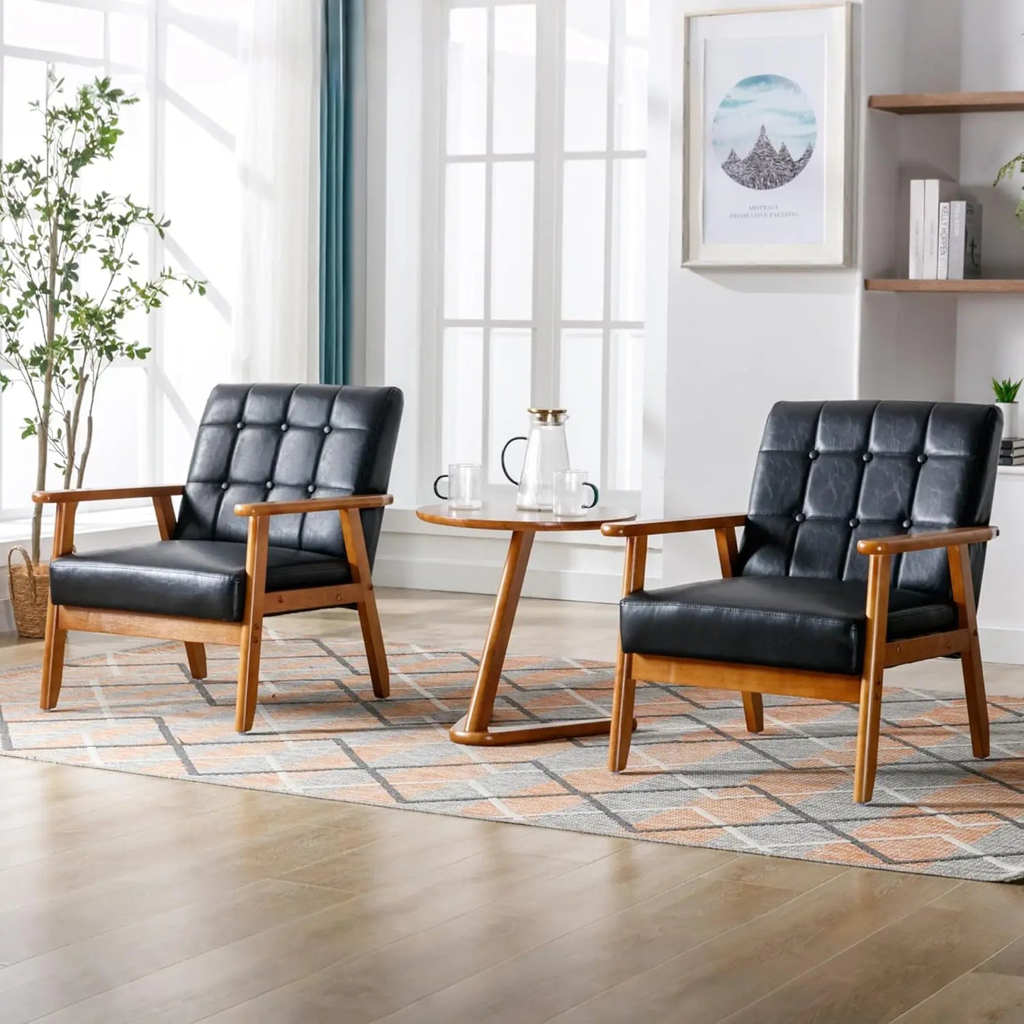 PU Leather Accent Chair Set Of 2 Mid Century Modern