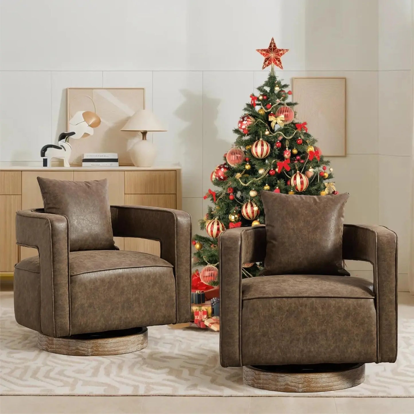 Upholstered Swivel Accent Barrel Chair Set Two Linen Open Back