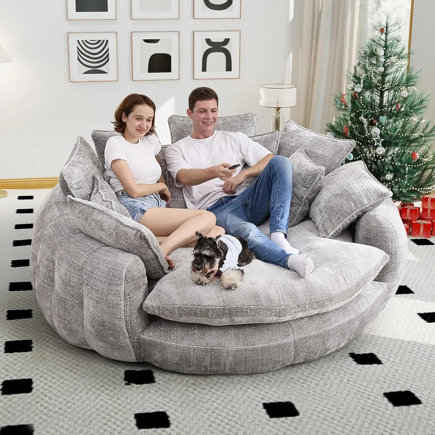 Round Chenille Chaise Lounge Couch With Backrest And Pillows