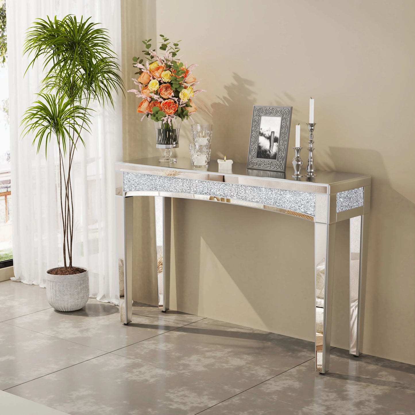 Mirrored Console Table With Crystal Inlay For Living Room