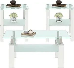 3-Piece Glass Coffee Table Set With End Tables Modern Metal